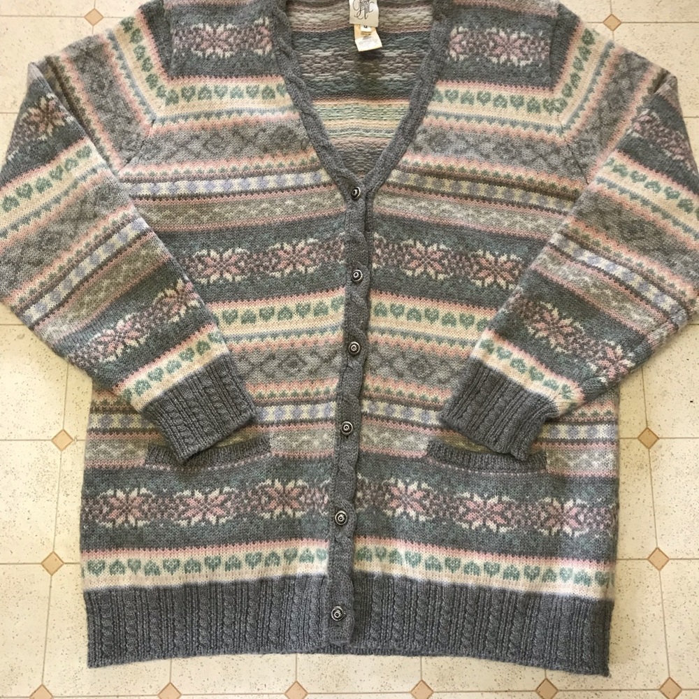 Grey/Pink/Ecru Wool Cardigan Sweater